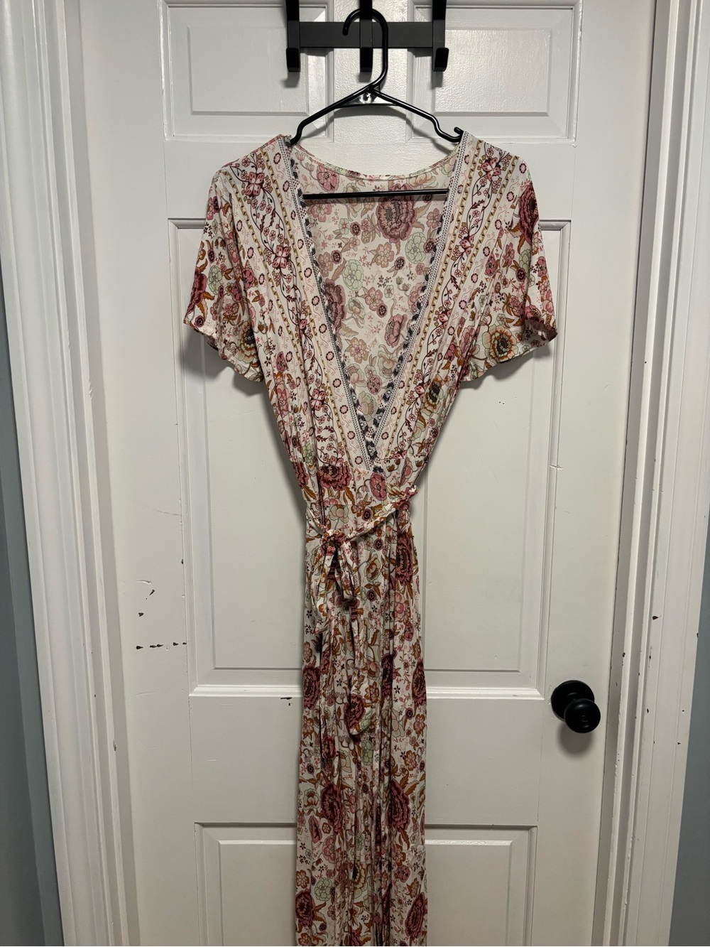 Boho Floral Wrap Maxi Dress in Cream and Rose